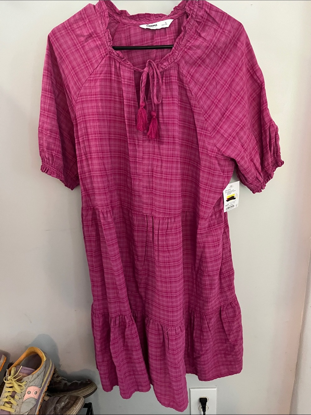 Sonoma Fuchsia Plaid Tiered Tassel Dress